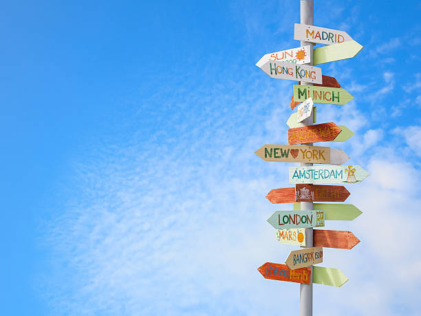 istock travel traffic sign with blue sky 485879673
