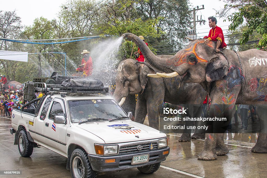 Songkran Festival or Water Festival Ayuttaya, Thailand- APRIL 14, 2014:People enjoy on Songkran Festival is celebrated in a traditional New Year's Day from April 13 to 15, with the splashing water with elephants in Ayuttaya, Thailand. Adult Stock Photo