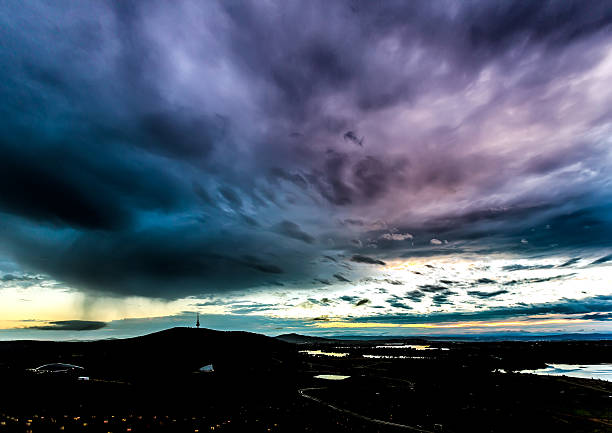 Canberra cityscape including the Black Mountain and Telstra Tower at dawn. Above all that, the sky is full of dramatic clouds.