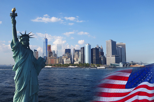 USA collage - Statue of Liberty, New York, United States Flag