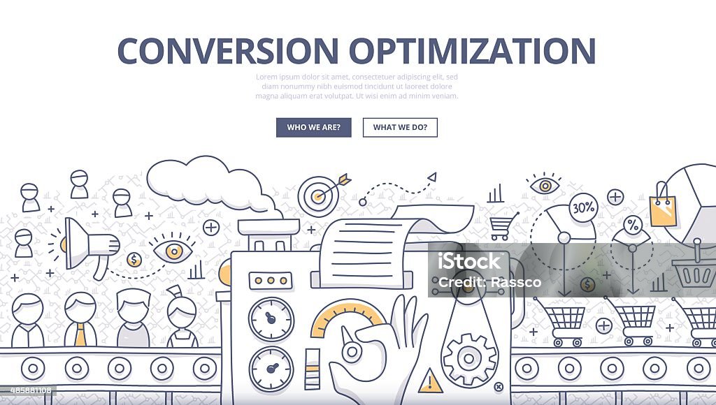 Conversion Optimization Doodle Concept Doodle design style concept of conversions marketing, customer management, SEO technology of converting leads into sales. Modern line style illustration for web banners, hero images, printed materials Conversion - Sport stock vector