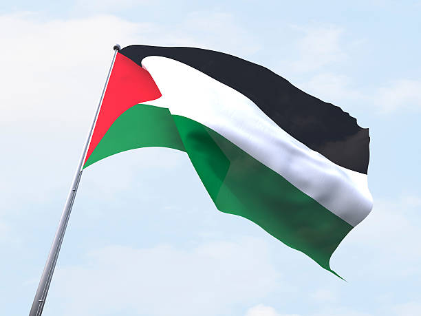 istock Palestine flag flying on clear sky. 485881762