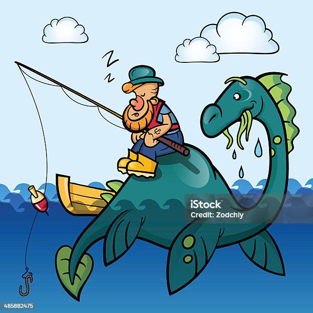 Fisherman And Dinosaur Stock Illustration - Download Image Now - Loch Ness Monster, Activity, Adult