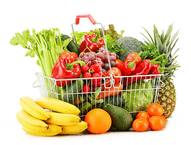 istock Wire shopping basket with groceries isolated on white 485883487