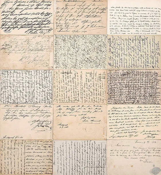 Photo of antique postcards. old handwritten undefined texts