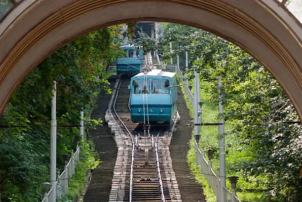 Two Kiev funicular wagons approach each other, where they will finally pass each other on the system's two track sidings.