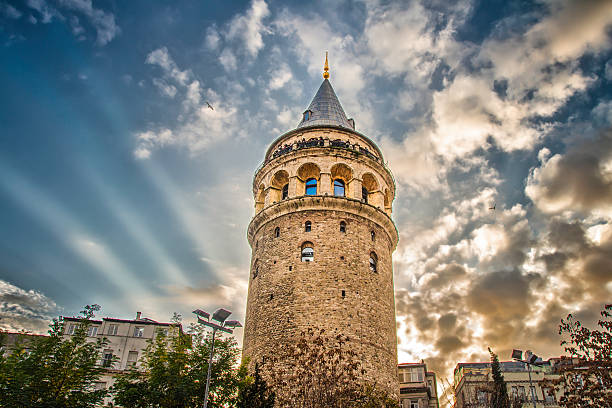 The Galata Tower, Istanbul, Turkey The Galata Tower is a medieval stone tower in the Galata, Karaköy quarter of Istanbul, Turkey, just to the north of the Golden Horn's junction with the Bosphorus.  galata tower photos stock pictures, royalty-free photos & images