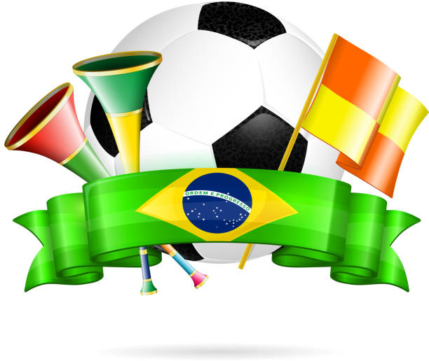 Soccer Poster Soccer Poster with Soccer Ball, Flags, vuvuzela and Ribbon in Color Flag Brazil, vector isolated on white background. vuvuzela stock illustrations