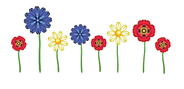 красный мак, camomile и cornflowers - stem poppy fragility flower stock illustrations