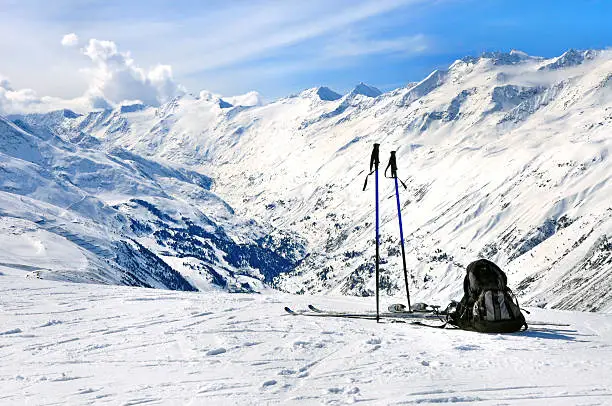 Skis, ski poles and backpack in Hochgurgl ski resort in Otztal Alps, Tirol, Austria