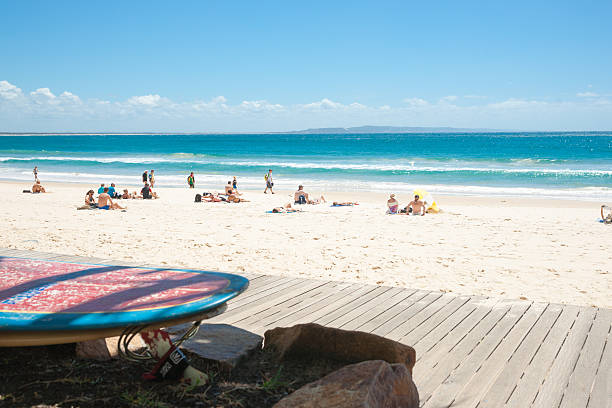 Noosa,  Australia - March 11, 2014: Beach on w fine summers day at Noosa, on Australia's Sunshine Coast, people sunbathing and walking along the beach enjoying the day.