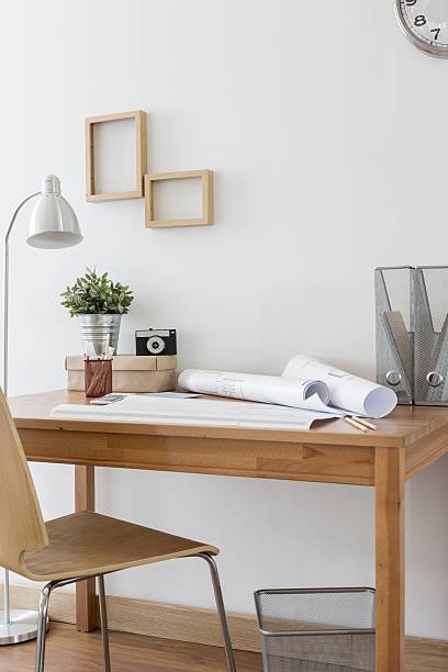 istock Simple wooden desk and chair 485887412