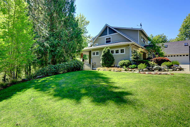istock House with exotic flower bed, lawn and trees 485895437