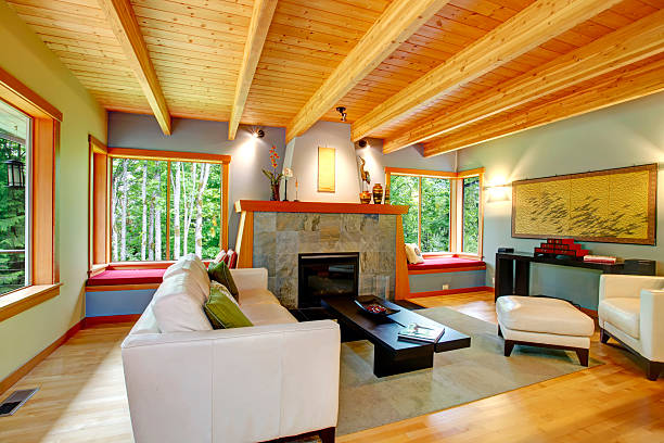 istock Asian desinged living room with fireplace 485896079