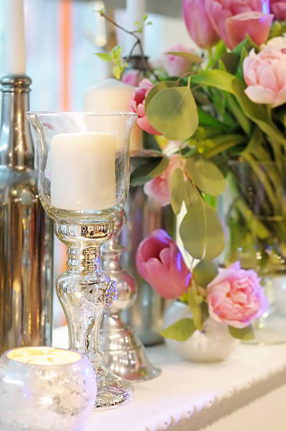 istock Beautiful pink flowers and candles 485897577