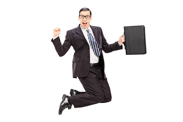 istock Excited businessman jumping with joy 485897929