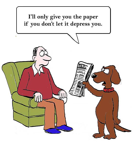 News Upsets Man Family cartoon showing a man sitting in his easy chair and a dog holding up the newspaper and saying, 'I'll only give you the paper if you don't let it upset you'. political joke stock illustrations