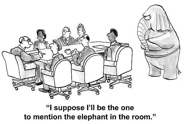 Elephant in the Room Business cartoon showing 7 businesspeople sitting at a meeting table.  An elephant is standing near the table.  A businessman says, "I suppose I'll be the one to mention the elephant in the room". pachyderm stock illustrations