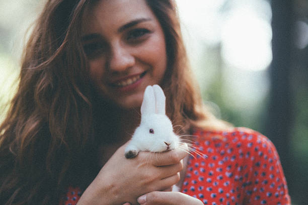 jovem mulher segurando um pouco de coelho branco na natureza - little girls alice in wonderland child fairy tale - fotografias e filmes do acervo