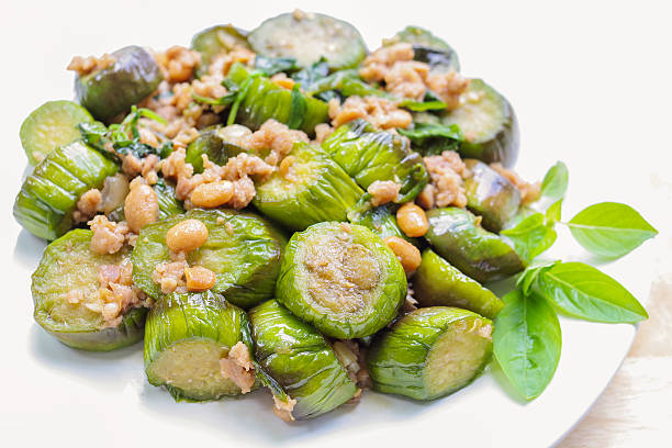 istock Stir-fried eggplant with minced pork, soybean and sweet basil 485904728