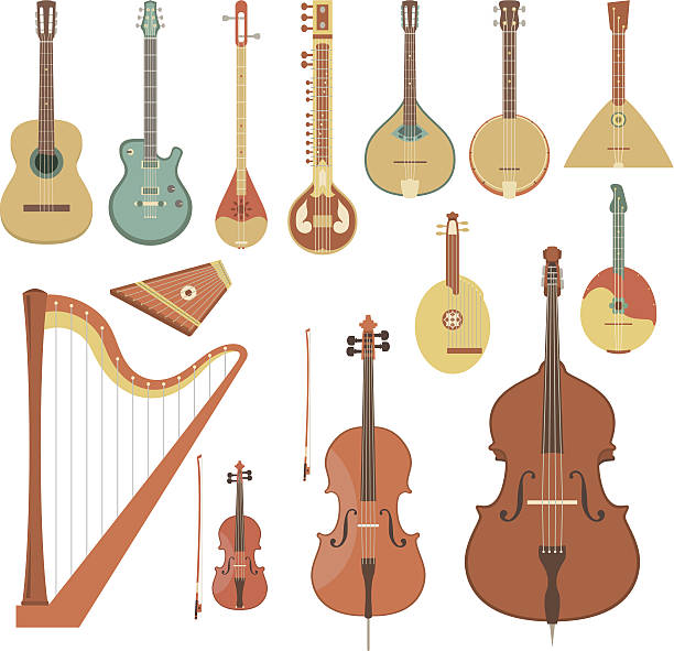 Stringed Musical Instruments Set of various string musical instruments in the flat style russian culture audio stock illustrations