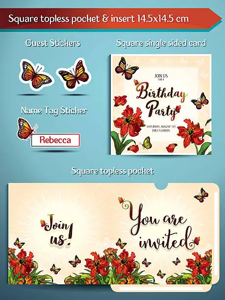 Vector illustration of Birthday Pary Invitation set Parrot Tulips. Square pocket and insert