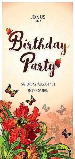 Vector illustration of Birthday Party Invitation Tall card 10x21 cm Red Parrot Tulips