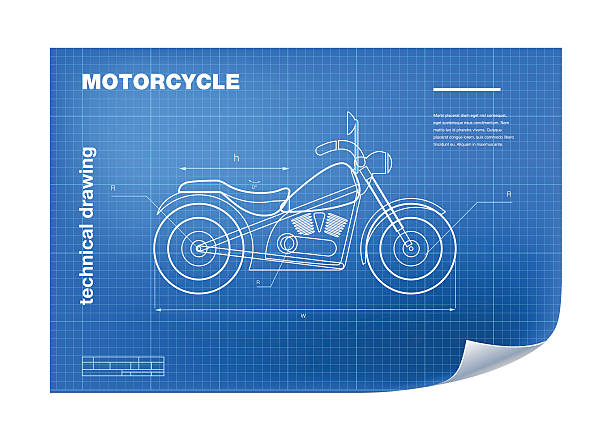 Technical Illustration with motorbike drawing on the blueprint Technical wireframe Illustration with motorbike drawing on the blueprint motorcycle drawings stock illustrations