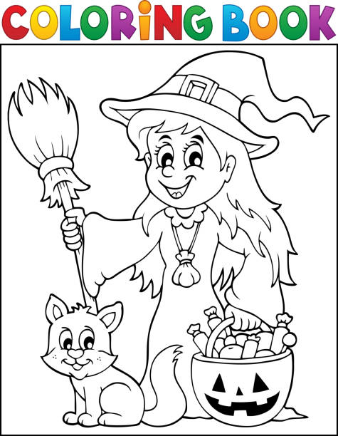 Coloring book cute witch and cat vector art illustration