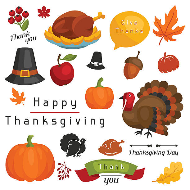 satz von happy thanksgiving feiertags-objekte und symbole - thanksgiving symbol turkey apple stock-grafiken, -clipart, -cartoons und -symbole