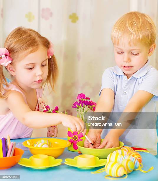 Kids Paint Easter Eggs Stock Photo - Download Image Now - Animal Egg, Art, Art And Craft