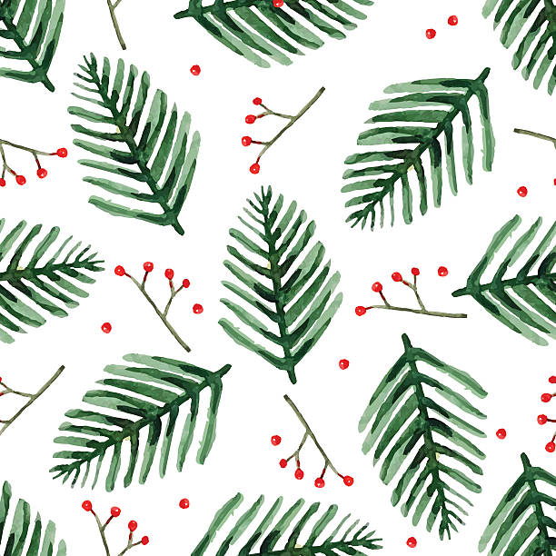 Watercolor pattern Watercolor christmas tree and red berries floral seamless pattern. Vector illustration. winter cloth pictures stock illustrations