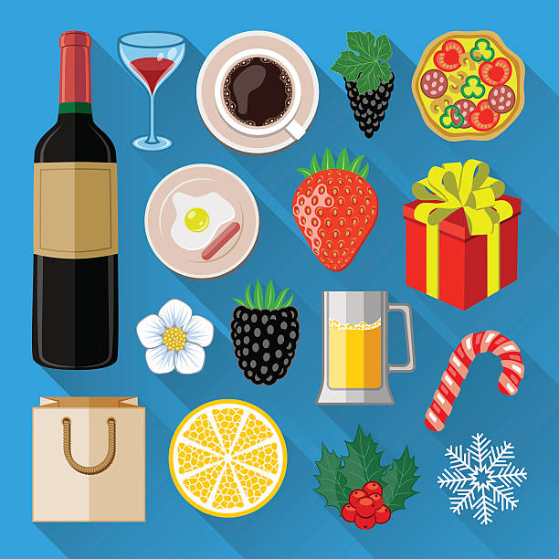 набор иконок, продуктов питания и напитков - strawberry vine pattern plant stock illustrations