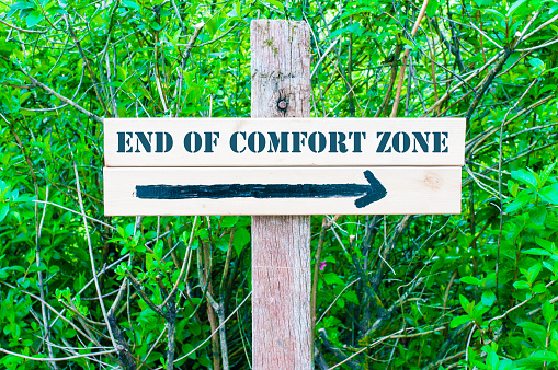 END OF COMFORT ZONE written on Directional wooden sign with arrow pointing to the right against green leaves background. Concept image with available copy space