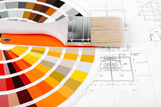 istock Color Swatch for home improvement blueprints and paintbrush 485926805