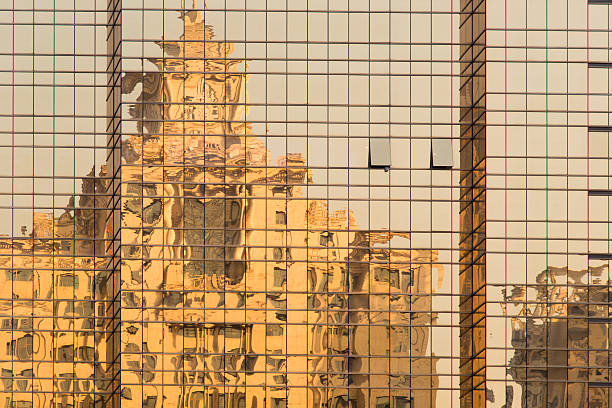 istock Golden luxury architecture reflection in glass 485927219