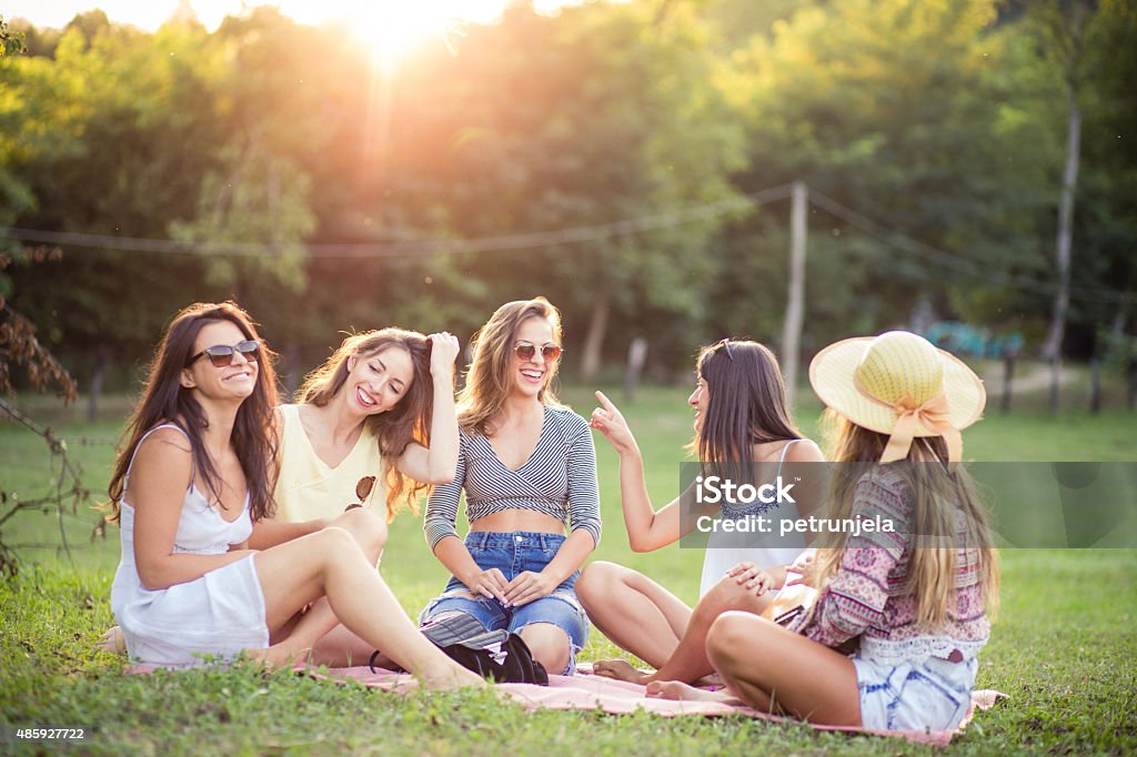 Happy sunny days Happy female friends having fun outside in nature Friendship Stock Photo