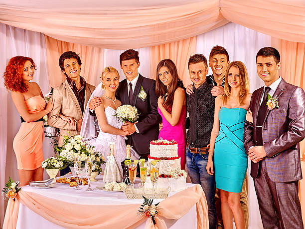 istock Wedding couple and guests drinking champagne 485930256