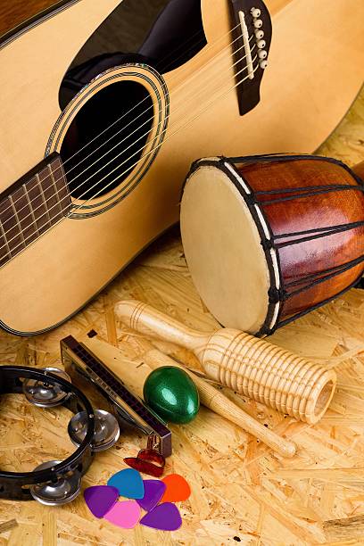 istock Set of various music instruments on OSB board 485932842