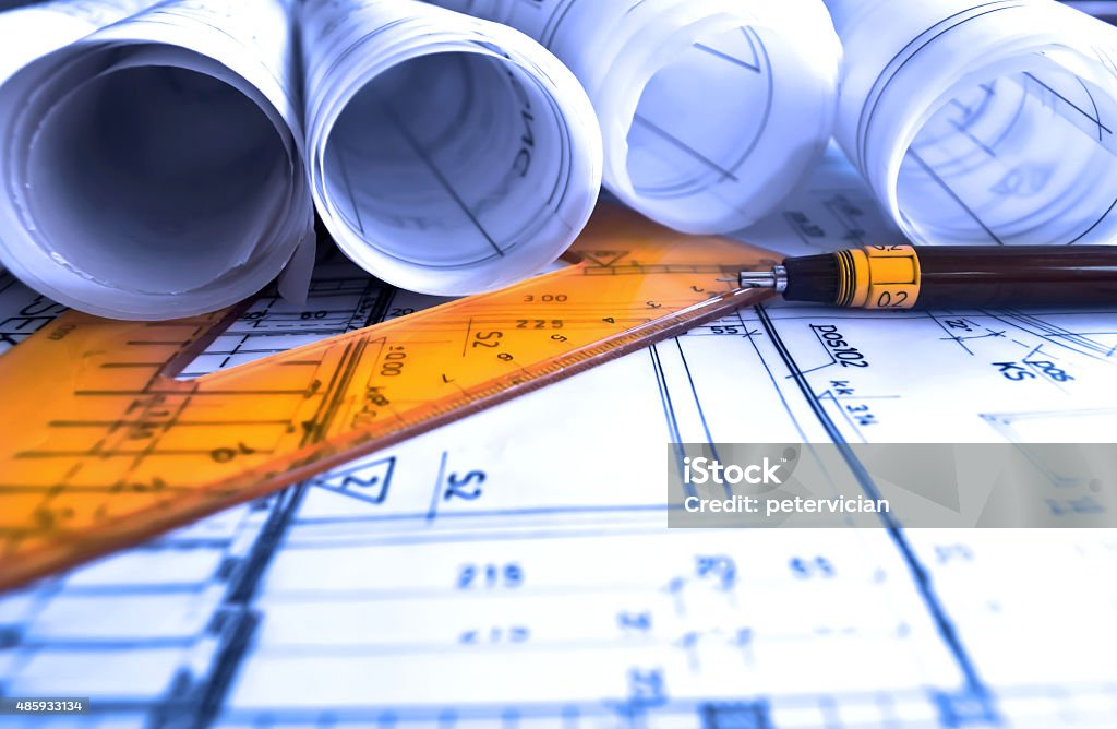 Architecture rolls architectural plans project architect blueprints real estate concept 2015 Stock Photo