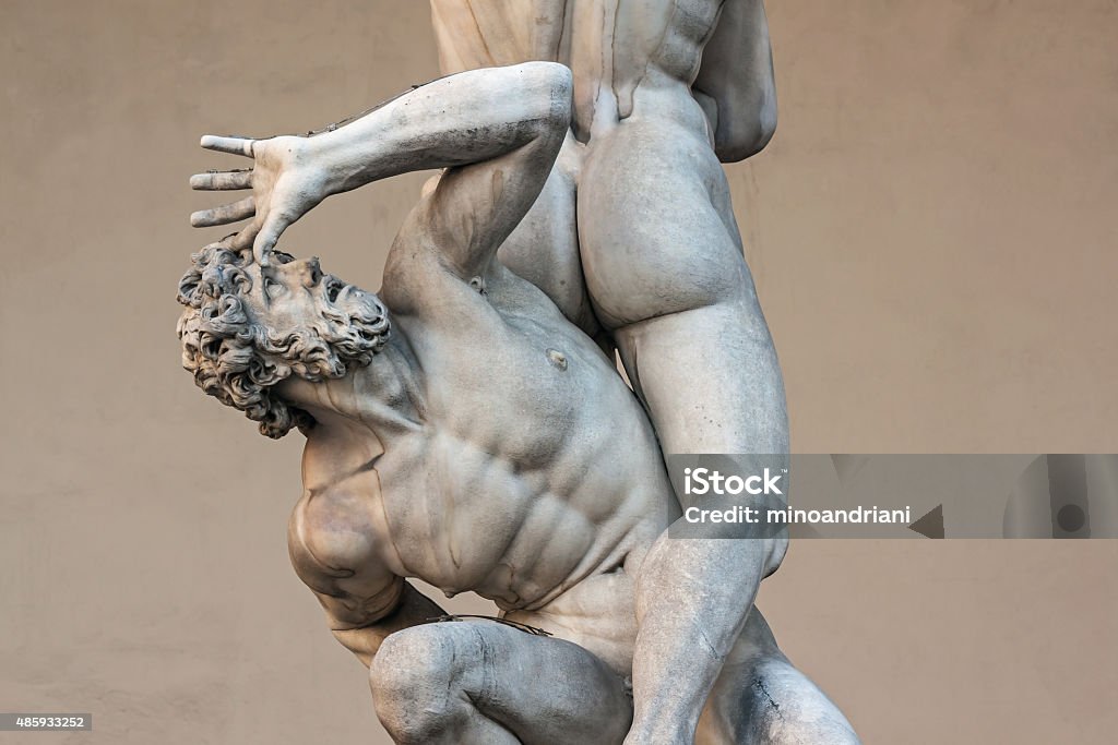 Piazza della Signoria, sculpture Rape of the Sabines by Giambologna Piazza della Signoria, Loggia dei Lanzi, sculpture Rape of the Sabines by Giambologna Renaissance Stock Photo