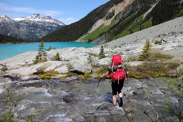 istock Woman crossing a cold mountain stream 485933848