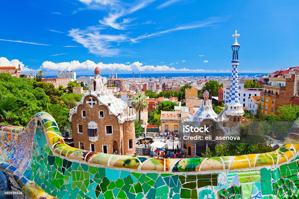 Parc Guell, Barcelona, Spain Parc Guell, Barcelona, Spain. Main entrance to Gaudi's Parc Guell and skyline of Barcelona. Barcelona - Spain Stock Photo