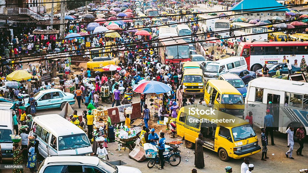 Busy streets of Lagos, Nigeria. Traffic and street market in Ikorodu district. Nigeria Stock Photo
