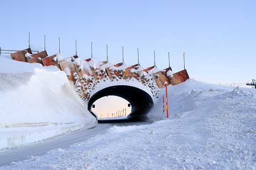 Iconic ski bridge over the entrance to Mt Hotham Ski Resort. Great snow base for skiing.