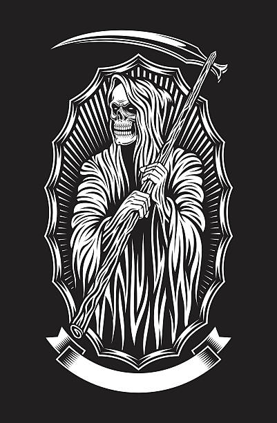 Grim Reaper Vector Art fully editable vector illustration of grim reaper on black background, image suitable for tattoo or graphic t-shirt Scythe stock illustrations