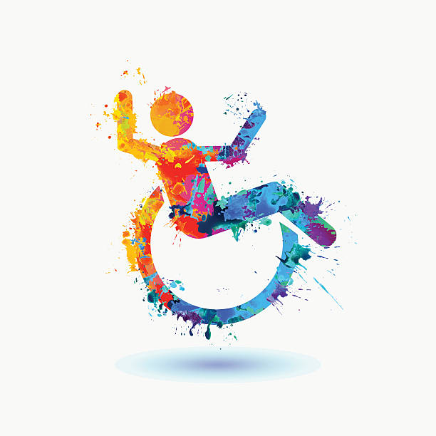 glückliche menschen mit behinderungen. - men chair wheelchair sport stock-grafiken, -clipart, -cartoons und -symbole