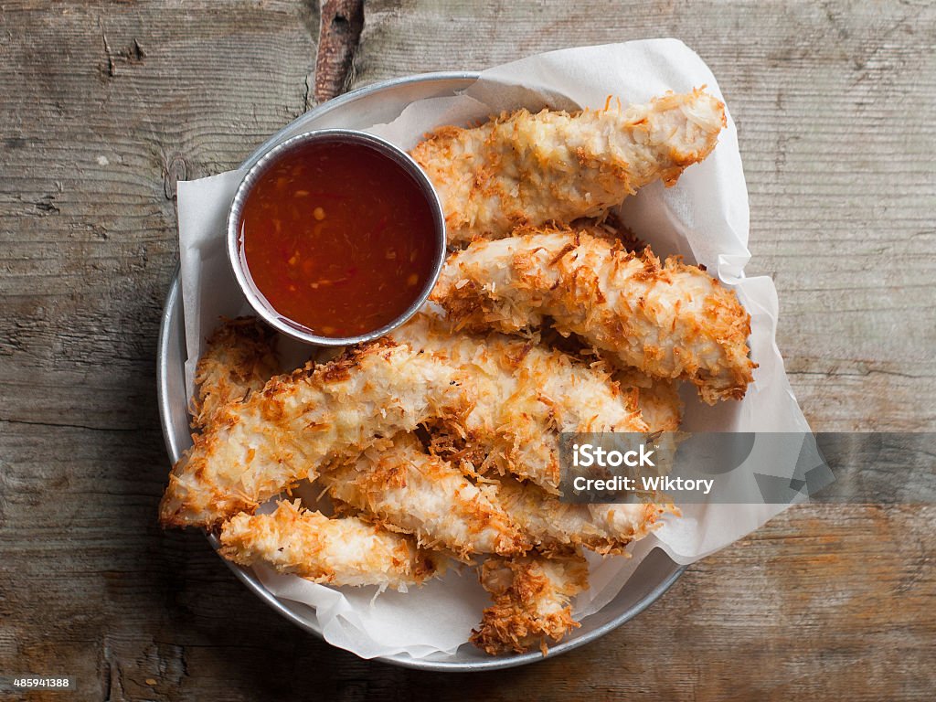 Fried chicken nuggets Fried chicken nuggets with sweet chili sauce, selective focus Chicken - Bird Stock Photo