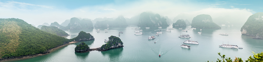 Panorama of Halong Bay in Vietnam with green leaves in foreground. Cliffs and rocks standing out of water with boats floating around. Light fog in distance. Popular travel destination.