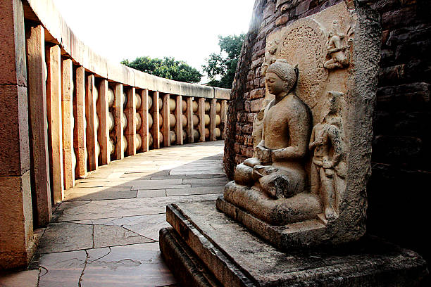 Inner Passage of Stupa, Sanchi Statue of seated Buddha at Stupa-1 in Sanchi, near Bhopal, Madhya Pradesh, India, Asia stupa stock pictures, royalty-free photos & images